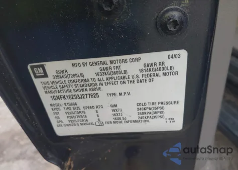 2003 Chevrolet Suburban 1500 Ls из США, поврежденный, VIN 1GNFK16Z03J277625